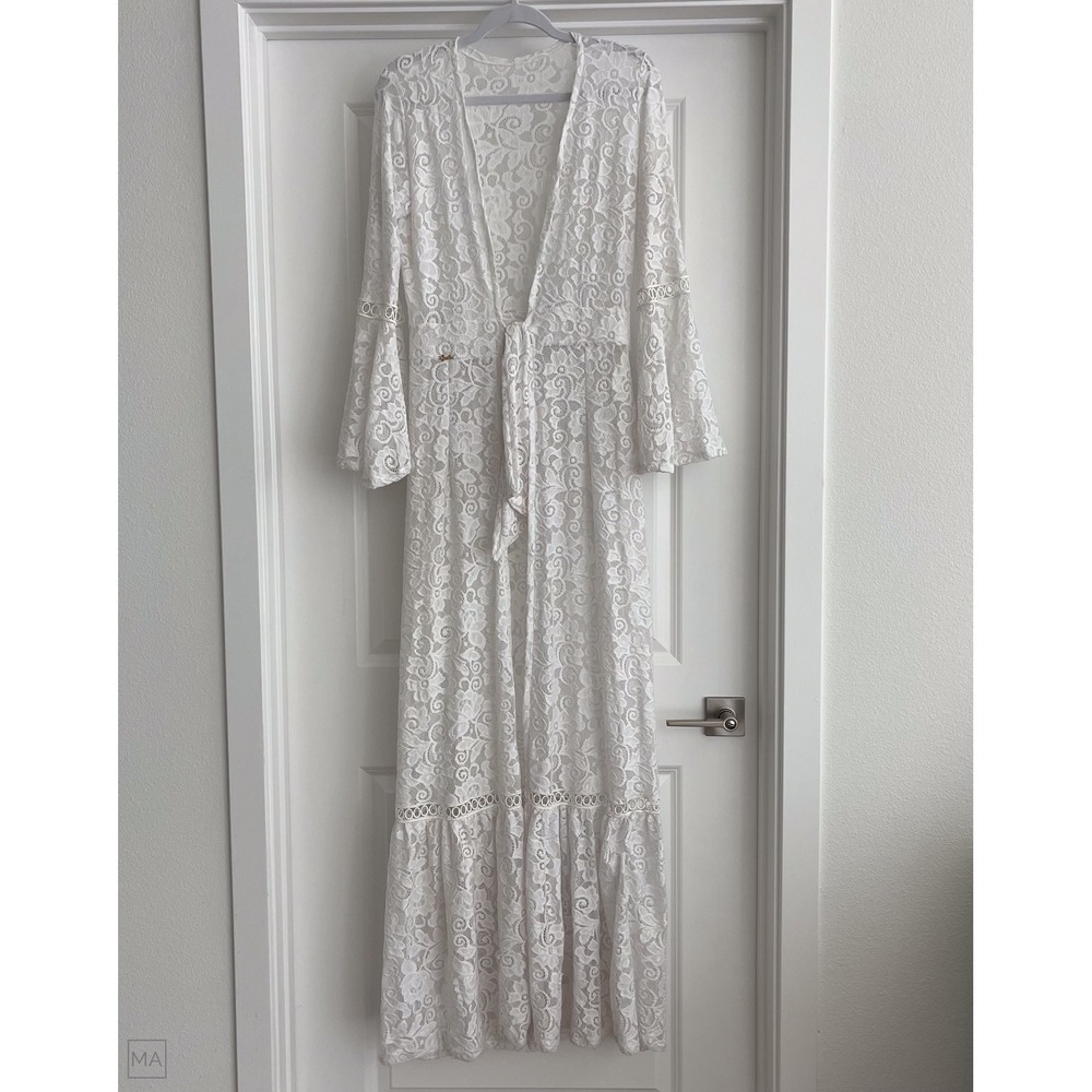 Cyelle Women's Maxi Cardigan Robe Lace Flare Sleeve Bridal Boho M White